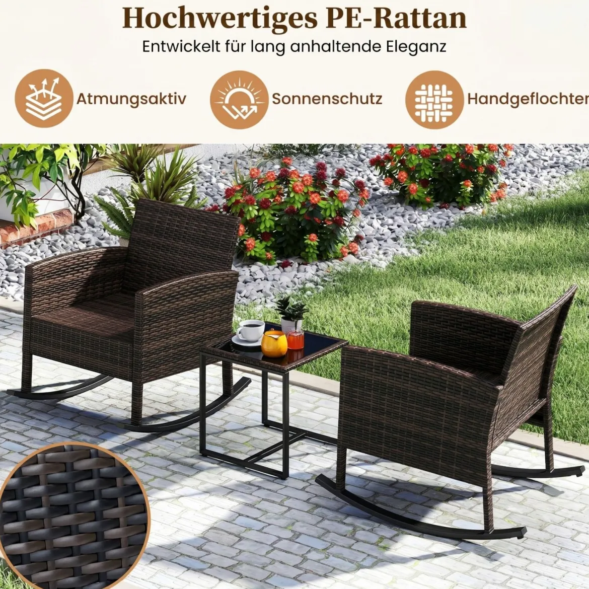 Gartenmöbel Set 3-Teiliges Balkonmöbel aus Rattan mit 2 Schaukelstühlen & Glastisch Grau/Beige
