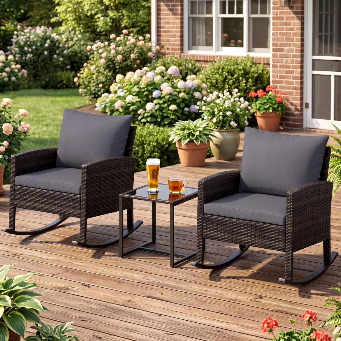 Gartenmöbel Set 3-Teiliges Balkonmöbel aus Rattan mit 2 Schaukelstühlen & Glastisch Grau/Beige