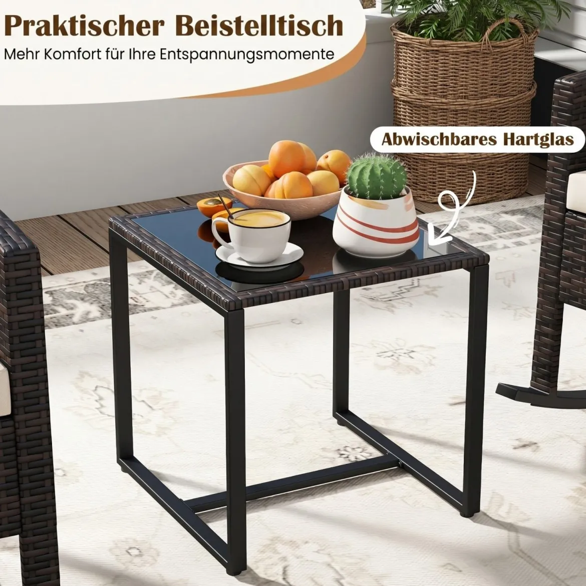 Gartenmöbel Set 3-Teiliges Balkonmöbel aus Rattan mit 2 Schaukelstühlen & Glastisch Grau/Beige