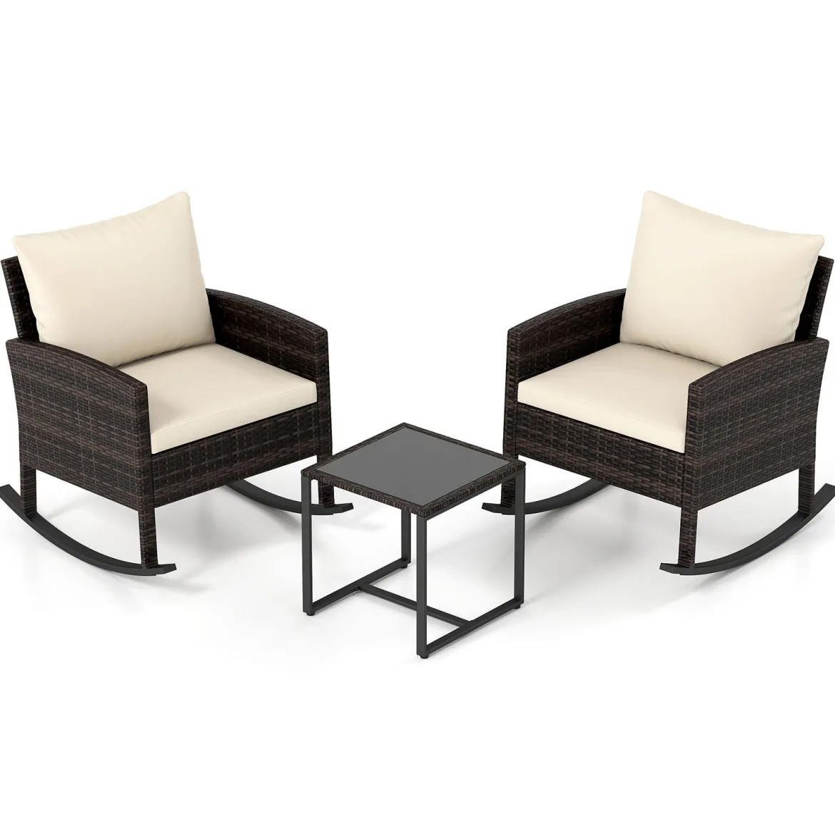 Gartenmöbel Set 3-Teiliges Balkonmöbel aus Rattan mit 2 Schaukelstühlen & Glastisch Grau/Beige