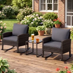 Gartenmöbel Set 3-Teiliges Balkonmöbel aus Rattan mit 2 Schaukelstühlen & Glastisch Grau/Beige