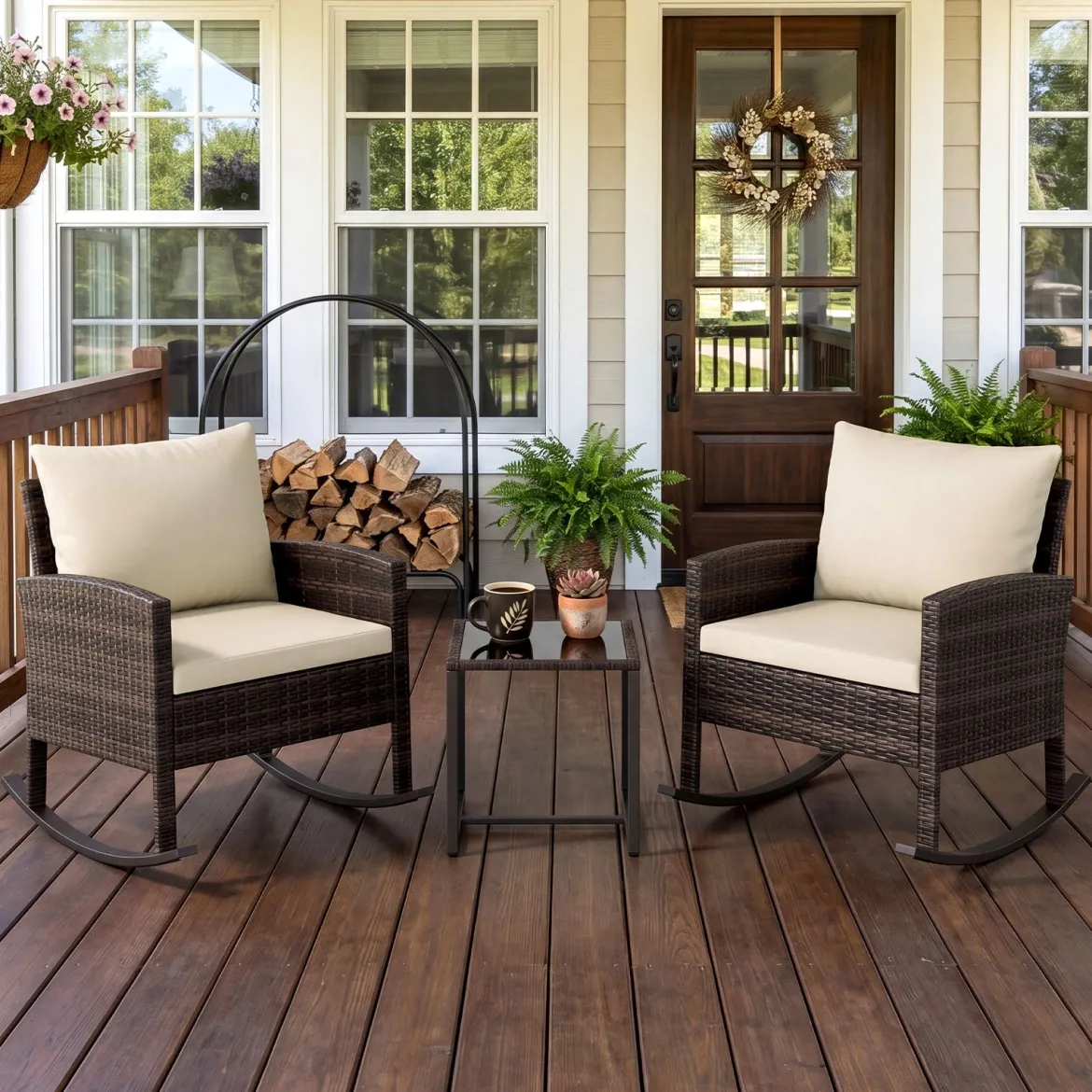 Gartenmöbel Set 3-Teiliges Balkonmöbel aus Rattan mit 2 Schaukelstühlen & Glastisch Grau/Beige