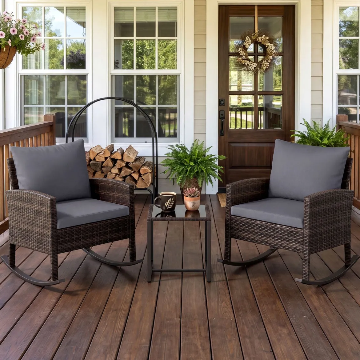 Gartenmöbel Set 3-Teiliges Balkonmöbel aus Rattan mit 2 Schaukelstühlen & Glastisch Grau/Beige