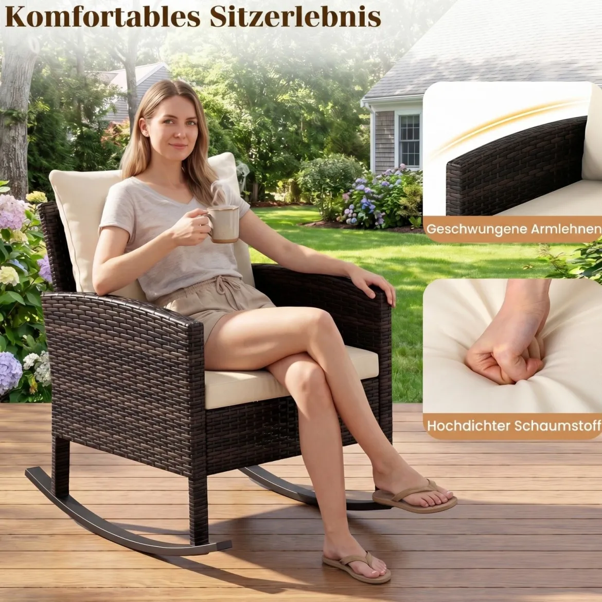 Gartenmöbel Set 3-Teiliges Balkonmöbel aus Rattan mit 2 Schaukelstühlen & Glastisch Grau/Beige
