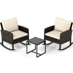 Gartenmöbel Set 3-Teiliges Balkonmöbel aus Rattan mit 2 Schaukelstühlen & Glastisch Grau/Beige