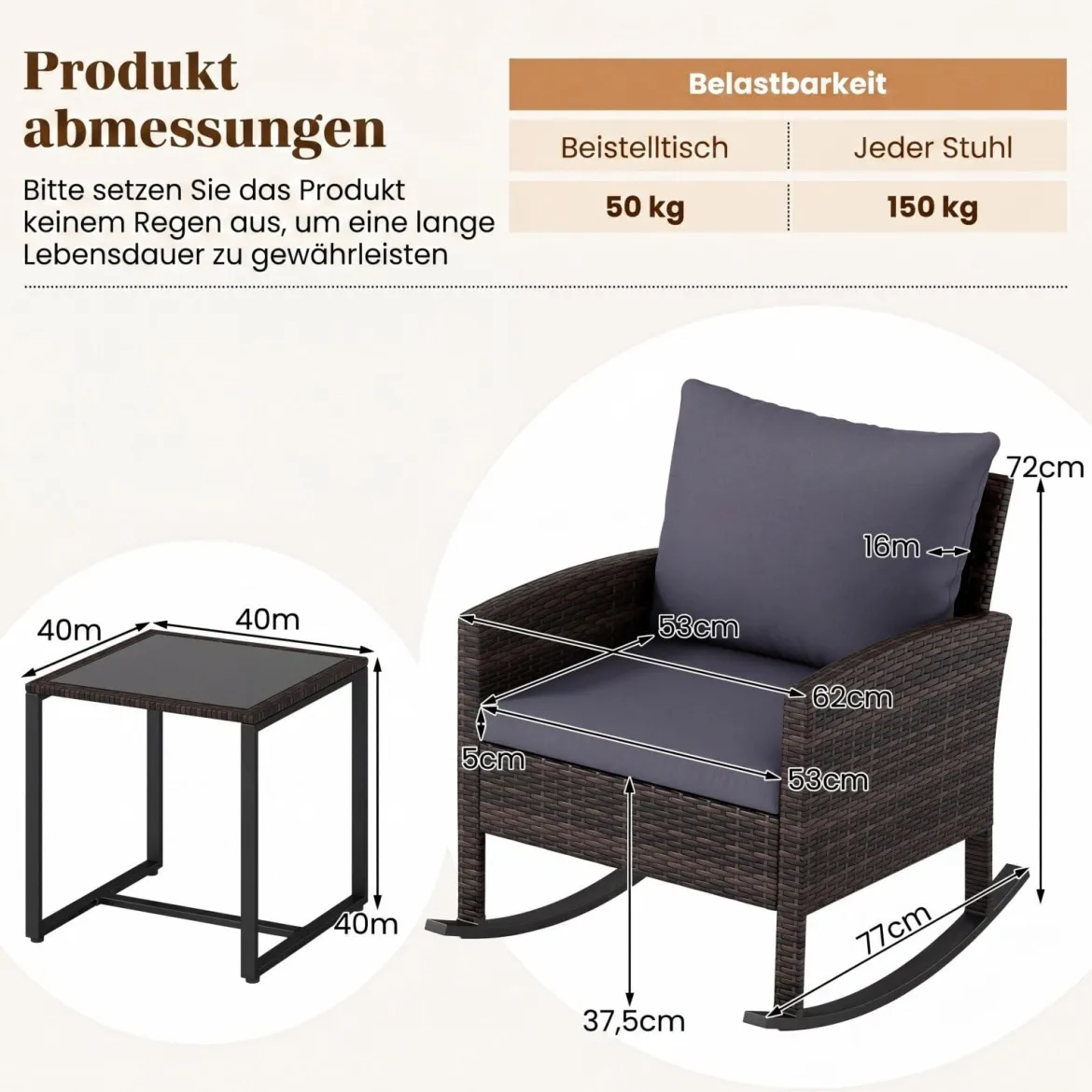 Gartenmöbel Set 3-Teiliges Balkonmöbel aus Rattan mit 2 Schaukelstühlen & Glastisch Grau/Beige