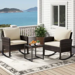 Gartenmöbel Set 3-Teiliges Balkonmöbel aus Rattan mit 2 Schaukelstühlen & Glastisch Grau/Beige