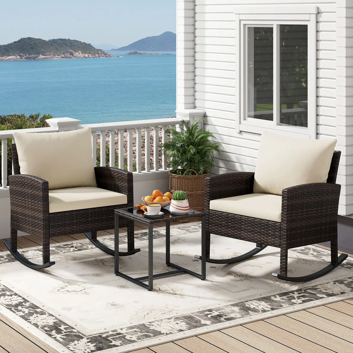 Gartenmöbel Set 3-Teiliges Balkonmöbel aus Rattan mit 2 Schaukelstühlen & Glastisch Grau/Beige