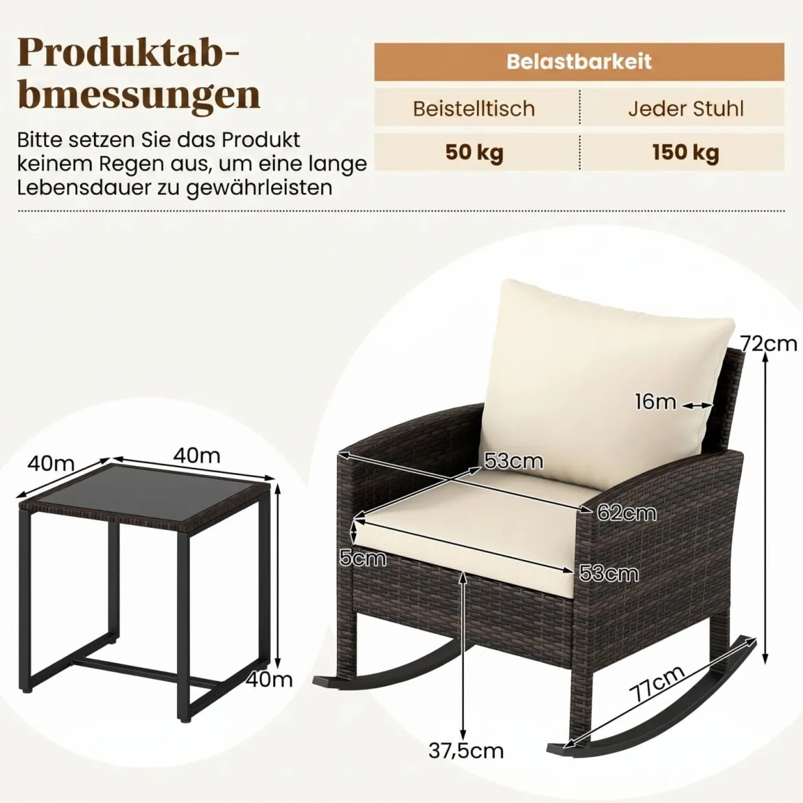 Gartenmöbel Set 3-Teiliges Balkonmöbel aus Rattan mit 2 Schaukelstühlen & Glastisch Grau/Beige
