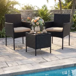 Gartenmöbel Set 3-teiliges Rattan Balkonmöbel mit 2 Stühlen & Gartentisch Gelb