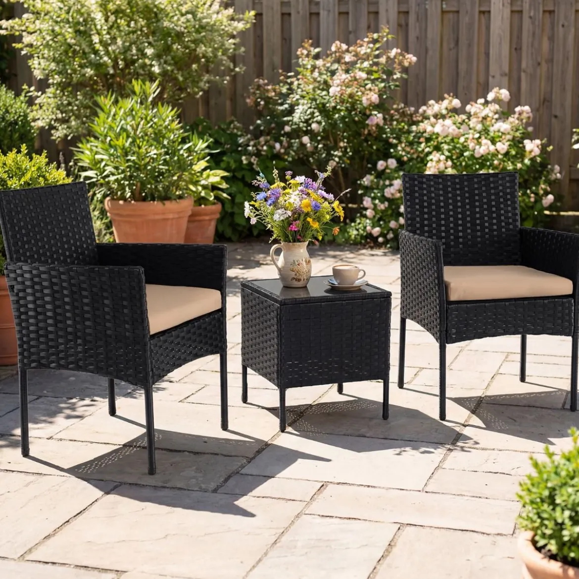 Gartenmöbel Set 3-teiliges Rattan Balkonmöbel mit 2 Stühlen & Gartentisch Gelb