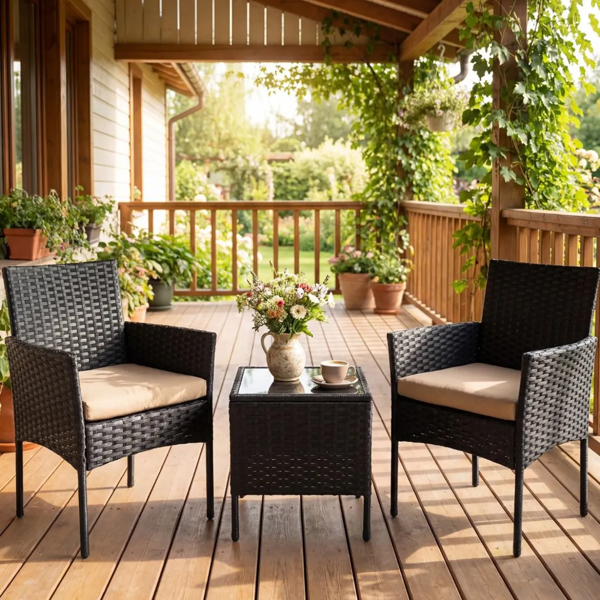 Gartenmöbel Set 3-teiliges Rattan Balkonmöbel mit 2 Stühlen & Gartentisch Gelb