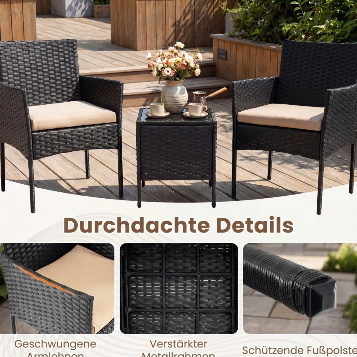 Gartenmöbel Set 3-teiliges Rattan Balkonmöbel mit 2 Stühlen & Gartentisch Gelb