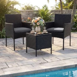 Gartenmöbel Set 3-teiliges Rattan Balkonmöbel mit 2 Stühlen & Gartentisch Grau