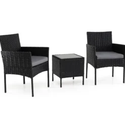 Gartenmöbel Set 3-teiliges Rattan Balkonmöbel mit 2 Stühlen & Gartentisch Grau