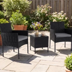 Gartenmöbel Set 3-teiliges Rattan Balkonmöbel mit 2 Stühlen & Gartentisch Grau