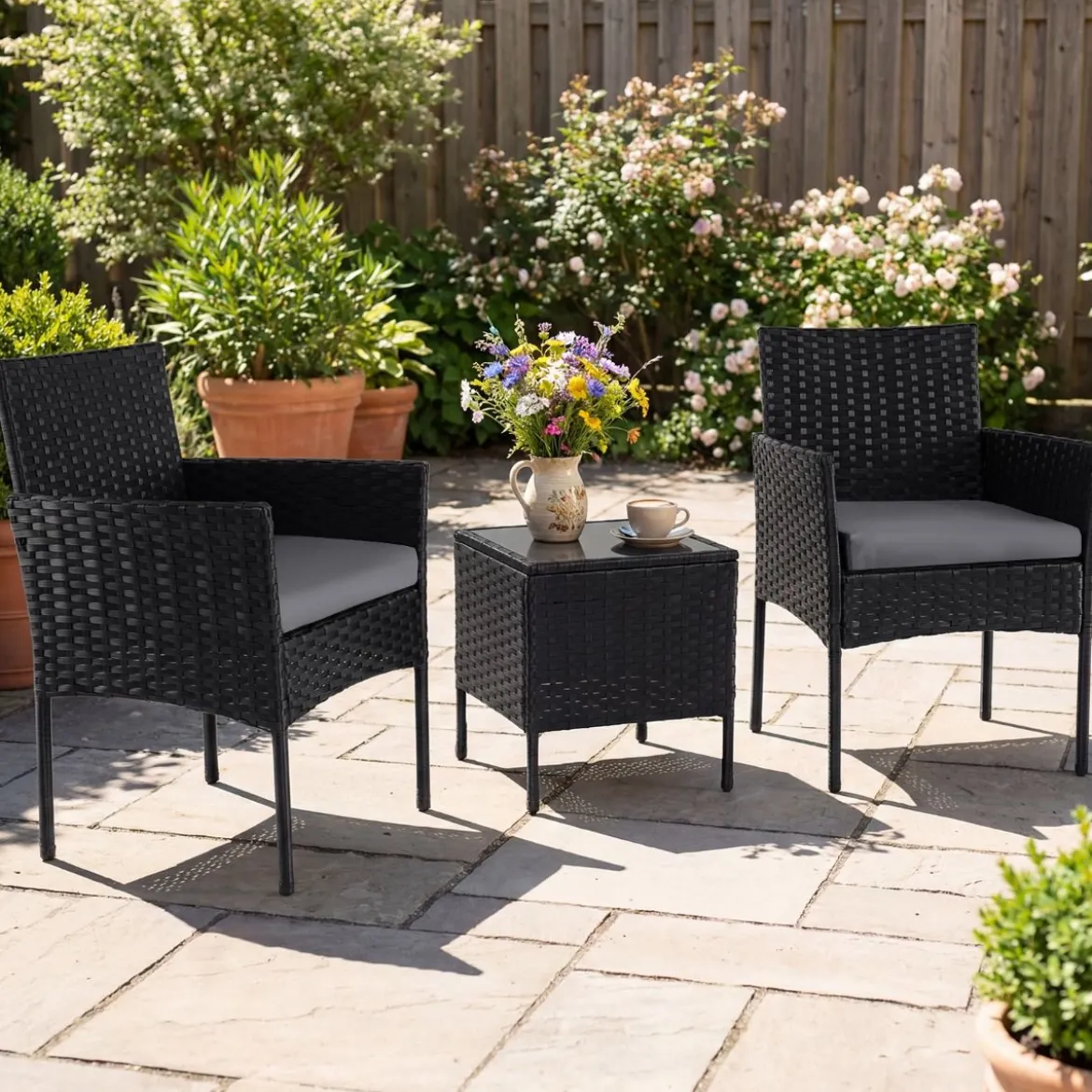 Gartenmöbel Set 3-teiliges Rattan Balkonmöbel mit 2 Stühlen & Gartentisch Grau