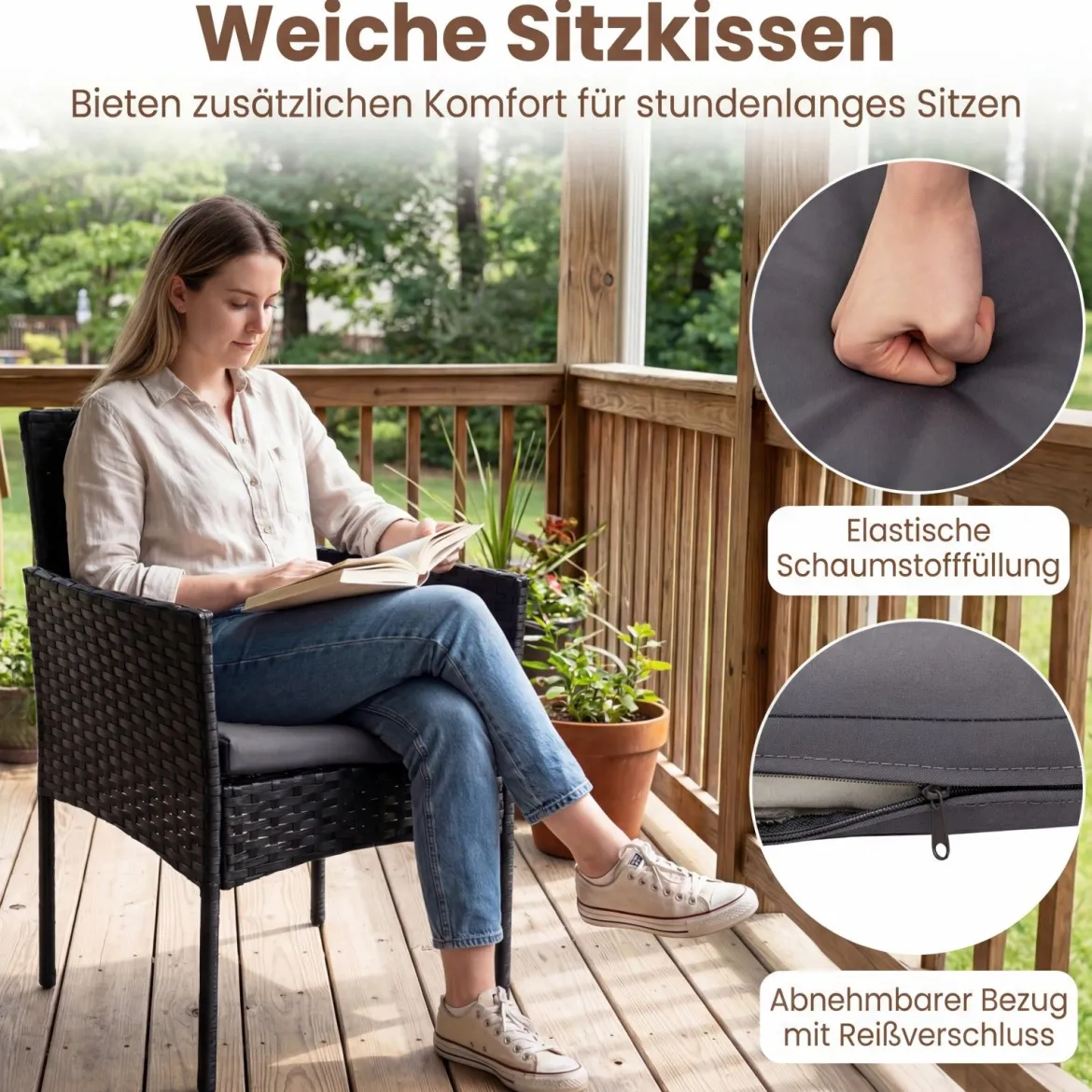 Gartenmöbel Set 3-teiliges Rattan Balkonmöbel mit 2 Stühlen & Gartentisch Grau