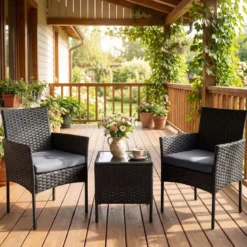 Gartenmöbel Set 3-teiliges Rattan Balkonmöbel mit 2 Stühlen & Gartentisch Grau
