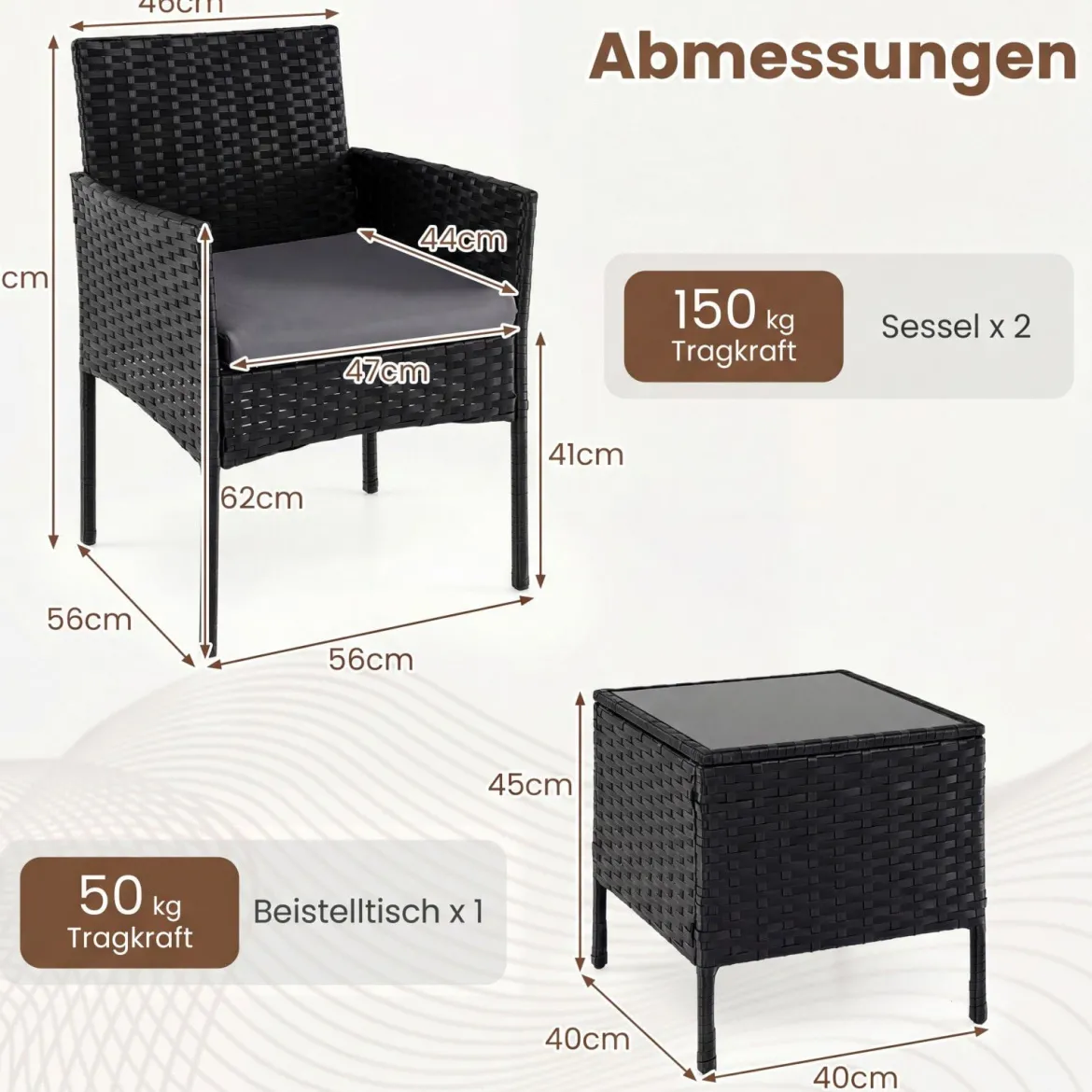 Gartenmöbel Set 3-teiliges Rattan Balkonmöbel mit 2 Stühlen & Gartentisch Grau