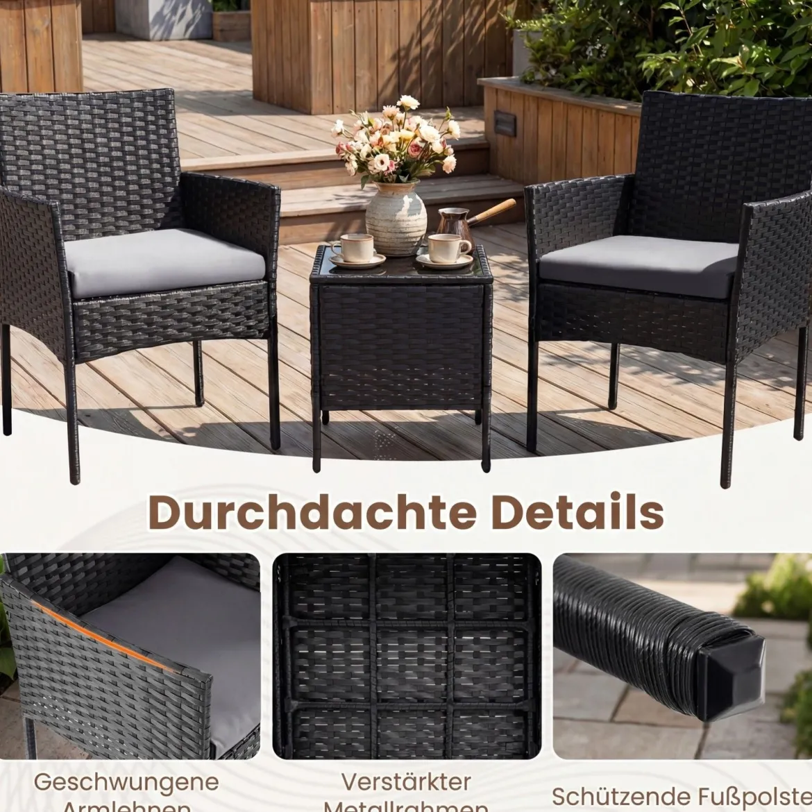 Gartenmöbel Set 3-teiliges Rattan Balkonmöbel mit 2 Stühlen & Gartentisch Grau