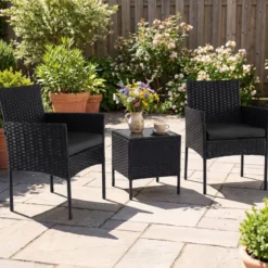 Gartenmöbel Set 3-teiliges Rattan Balkonmöbel mit 2 Stühlen & Gartentisch Outdoor Gartenlounge Schwarz