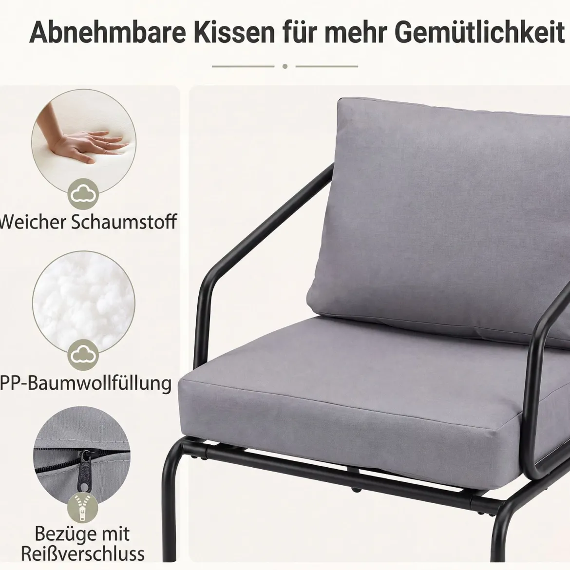 Gartenmöbel Set 3-teilig Terrassenmöbel mit 2 Stühlen & Couchtisch Sitzgruppe mit Metallrahmen Grau