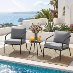 Gartenmöbel Set 3-teilig Terrassenmöbel mit 2 Stühlen & Couchtisch Sitzgruppe mit Metallrahmen Grau