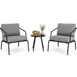 Gartenmöbel Set 3-teilig Terrassenmöbel mit 2 Stühlen & Couchtisch Sitzgruppe mit Metallrahmen Grau
