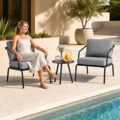 Gartenmöbel Set 3-teilig Terrassenmöbel mit 2 Stühlen & Couchtisch Sitzgruppe mit Metallrahmen Grau