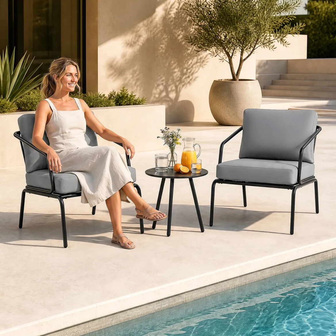 Gartenmöbel Set 3-teilig Terrassenmöbel mit 2 Stühlen & Couchtisch Sitzgruppe mit Metallrahmen Grau