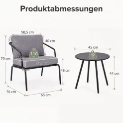 Gartenmöbel Set 3-teilig Terrassenmöbel mit 2 Stühlen & Couchtisch Sitzgruppe mit Metallrahmen Grau