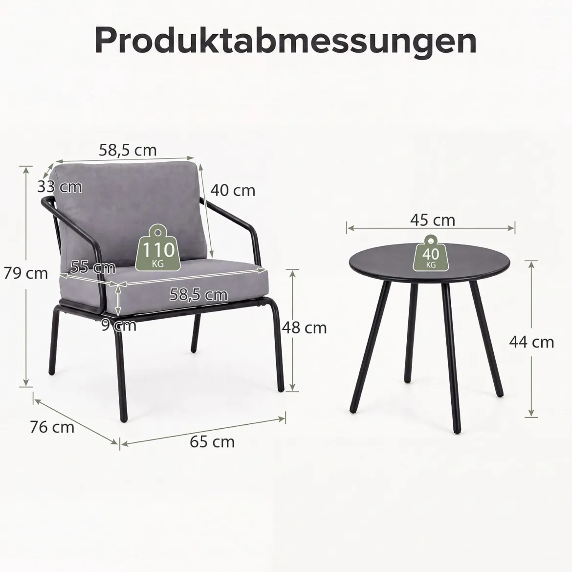 Gartenmöbel Set 3-teilig Terrassenmöbel mit 2 Stühlen & Couchtisch Sitzgruppe mit Metallrahmen Grau