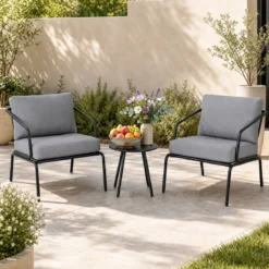 Gartenmöbel Set 3-teilig Terrassenmöbel mit 2 Stühlen & Couchtisch Sitzgruppe mit Metallrahmen Grau