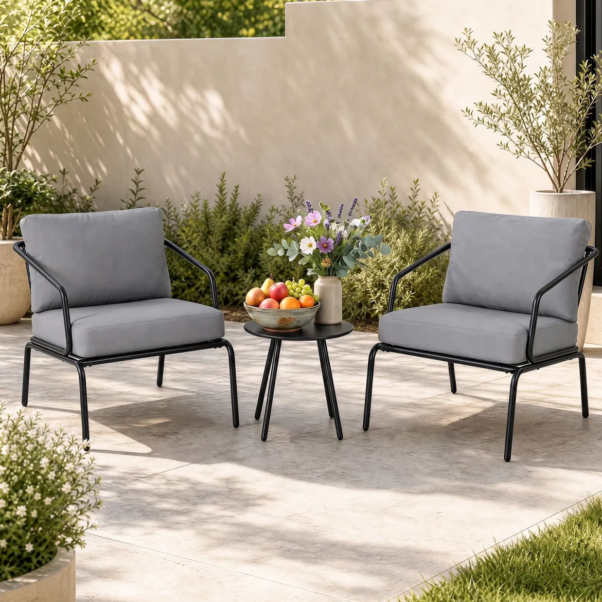 Gartenmöbel Set 3-teilig Terrassenmöbel mit 2 Stühlen & Couchtisch Sitzgruppe mit Metallrahmen Grau