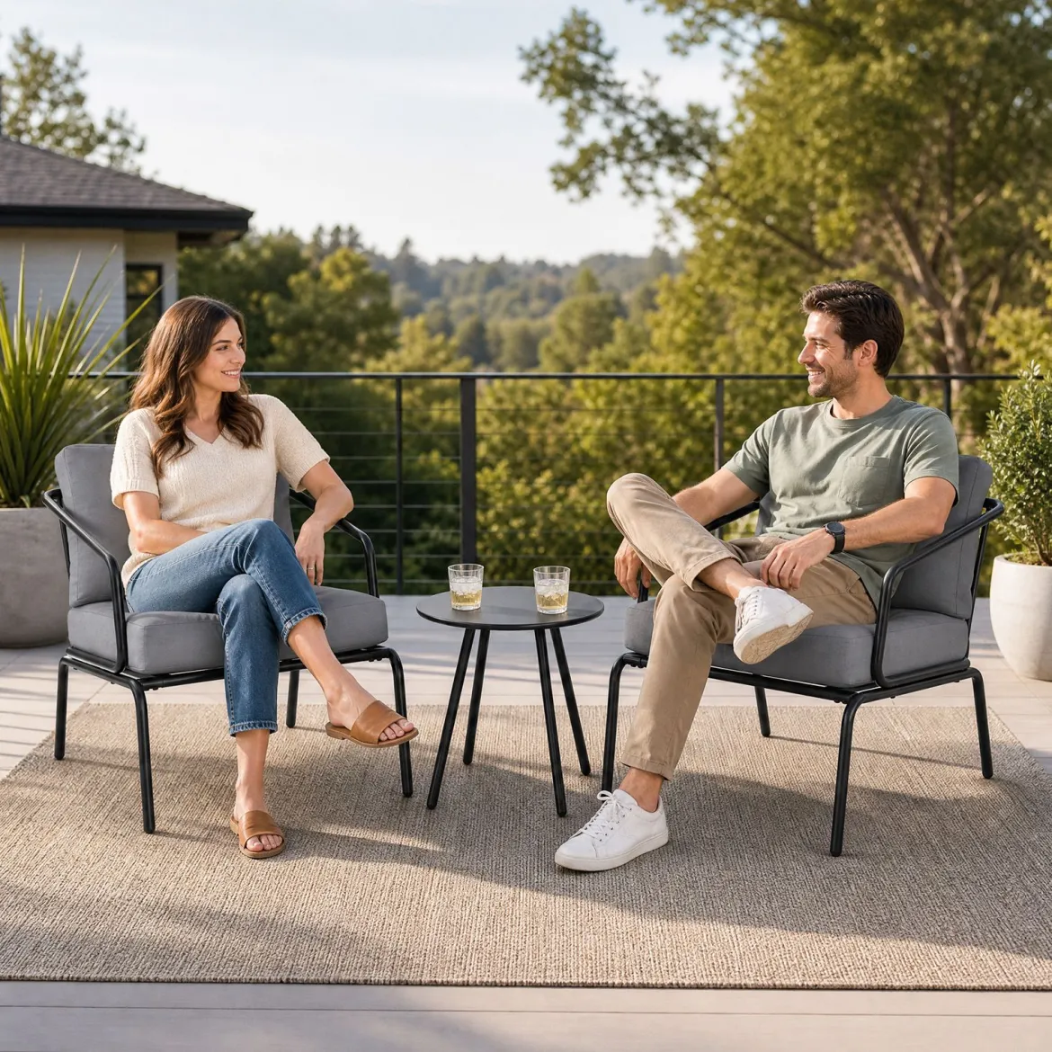 Gartenmöbel Set 3-teilig Terrassenmöbel mit 2 Stühlen & Couchtisch Sitzgruppe mit Metallrahmen Grau