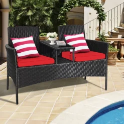 Gartenmöbel-Set Terrassensofa mit Tisch aus Glas 138 x 62 x 85 cm Rot