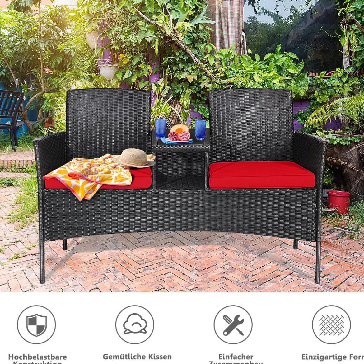 Gartenmöbel-Set Terrassensofa mit Tisch aus Glas 138 x 62 x 85 cm Rot
