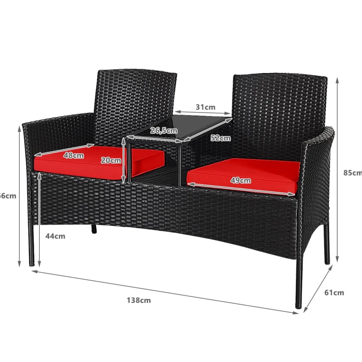 Gartenmöbel-Set Terrassensofa mit Tisch aus Glas 138 x 62 x 85 cm Rot