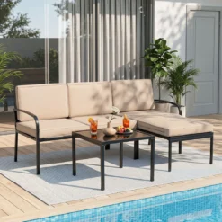 Gartenmöbel 3-teiliges Balkonmöbel mit 2-Sitzer Sofa L-förmigem Sofa & Couchtisch Khaki