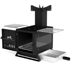 Gartenofen zum Kochen Campingofen mit Topfgestell & Ofenpfanne & 2 Grills Holzofen mit Sichtfenster