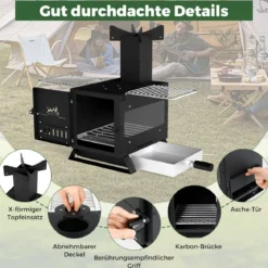 Gartenofen zum Kochen Campingofen mit Topfgestell & Ofenpfanne & 2 Grills Holzofen mit Sichtfenster