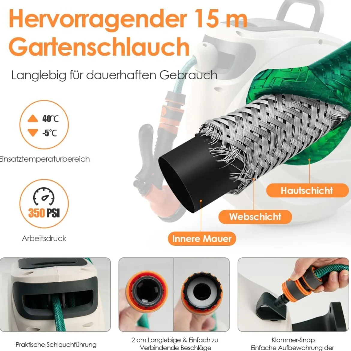 Gartenschlauch-Aufroller mit Wandhalterung 180˚ drehbare Halterung 1/2 Zoll 20m + 2m