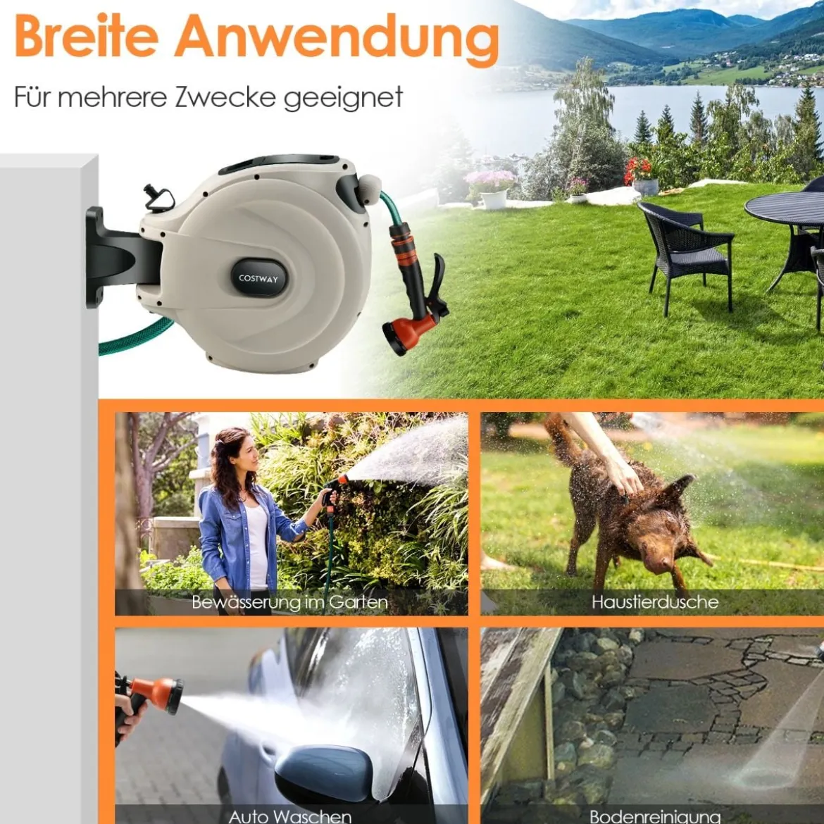 Gartenschlauch-Aufroller mit Wandhalterung 180˚ drehbare Halterung 1/2 Zoll 20m + 2m