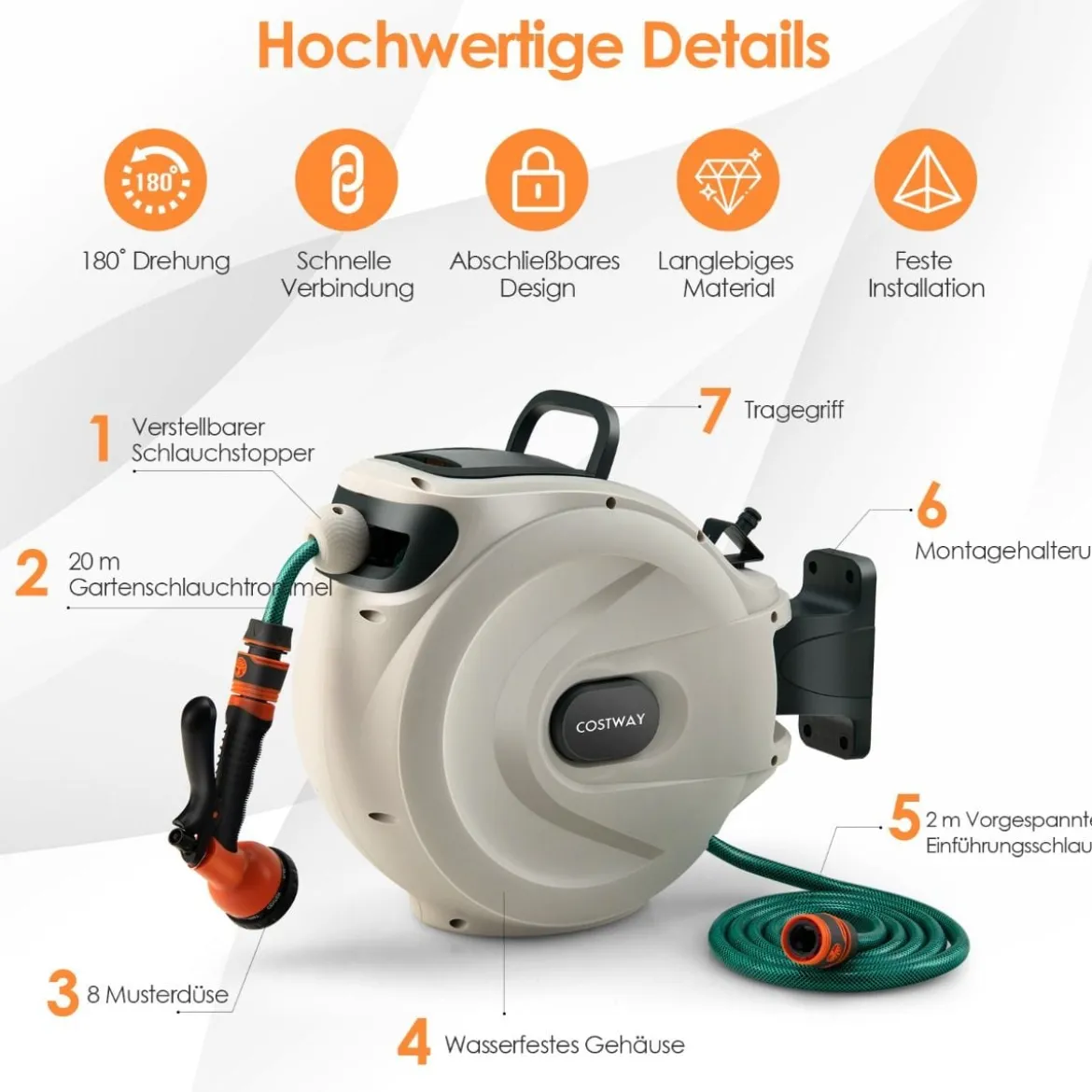 Gartenschlauch-Aufroller mit Wandhalterung 180˚ drehbare Halterung 1/2 Zoll 20m + 2m
