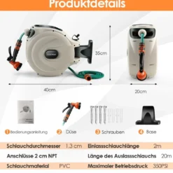 Gartenschlauch-Aufroller mit Wandhalterung 180˚ drehbare Halterung 1/2 Zoll 20m + 2m
