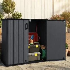 Gartenschrank Aufbewahrungsbox Wetterfest mit Abschließbarer Doppeltür 120 x 65 x 117 cm Grau/Schwarz