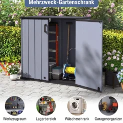 Gartenschrank Aufbewahrungsbox Wetterfest mit Abschließbarer Doppeltür 120 x 65 x 117 cm Grau/Schwarz