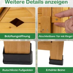 Gartenschrank aus Fichtenholz mit Abschließbarer Tür & 4 Abnehmbare Regalböden & Luftventil Gerätehaus