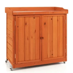 Gartenschrank aus Holz Lagerschrank mit 4 Universalrädern Garten Natur